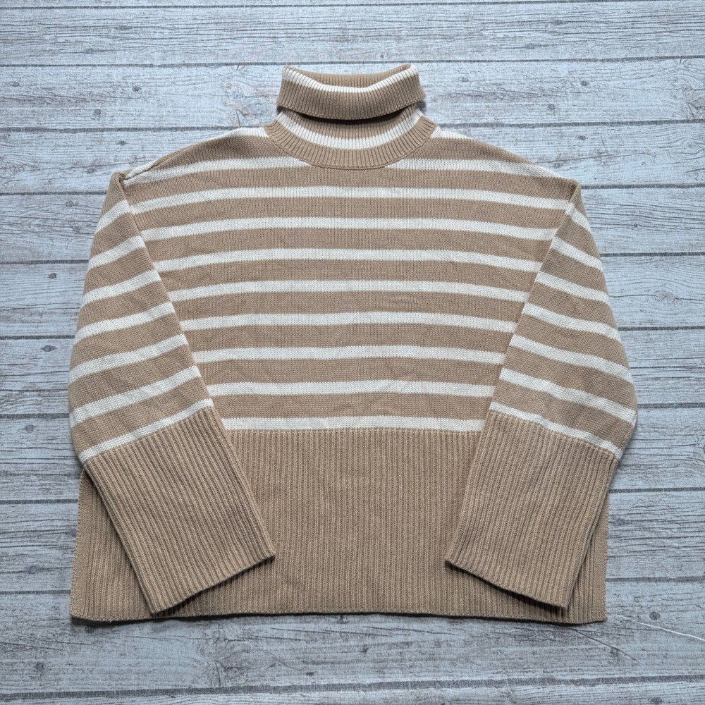 Gap Sweater Women's Medium Brown White Striped Boxy Fit Knit Turtleneck Pullover